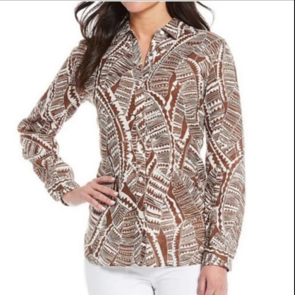 J McLaughlin Britt Button-Down Linen Palm Leaf Motif Shirt Boho Resort Festival